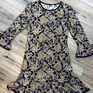Michael Kors Women’s Black & Gold Long Sleeve Paisley Shift Dress - Small EUC